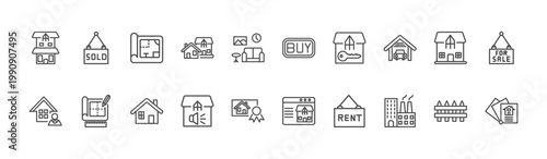 real estate industry icon set with sold, buy, industrial park signs in flat outline style