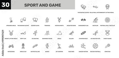 sport and game icon set with weight lifting medal, boxing glove, jet surfing signs in flat outline style