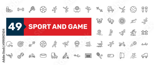 sport and game icon set with ice skating, man punching, hockey puck signs in flat outline style