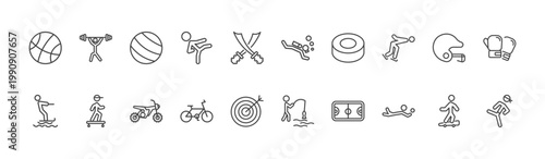 sport and games icon set with weight lifting, scuba diving, volleyball motion signs in flat outline style