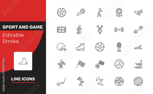sport and game icon set with soccer football ball, basketball court, slalom signs in flat outline style