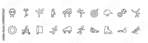 sport and games icon set with yoga posture, taekwondo, ice skating signs in flat outline style