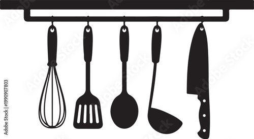 Kitchen utensils hanging on rack cooking tools