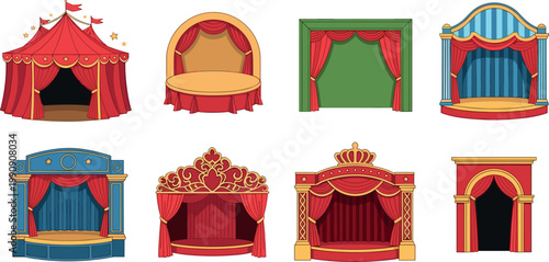 Theater stage set with curtains circus tent and podium vector illustration collection performance scenes isolated design pack