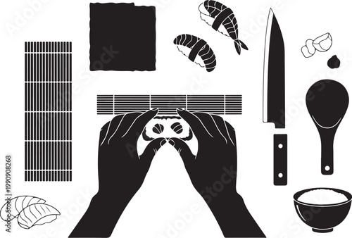 Sushi preparation tools and ingredients hands