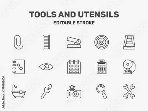 tools and utensils icon set with hole puncher, target circles, tray for papers signs in flat outline style