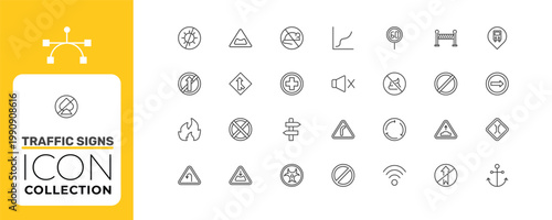 traffic signs icon set with curves, merging, roundabout signs in flat outline style