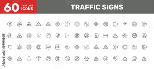 traffic signs icon set with no bicycle, road, no picking flowers signs in flat outline style