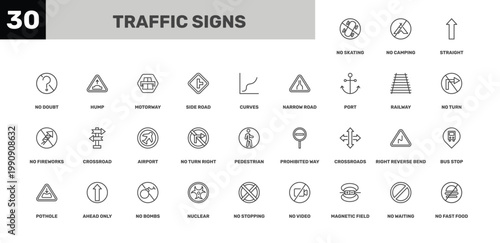 traffic signs icon set with straight, motorway, no stopping signs in flat outline style