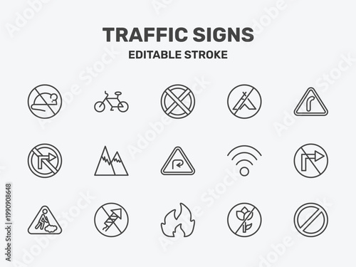 traffic signs icon set with no stopping, no camping, right bend signs in flat outline style