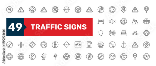 traffic signs icon set with no stopping, caravan, crossroad signs in flat outline style