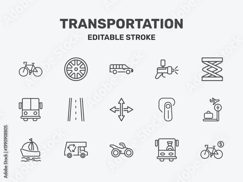 transportation icon set with long car, car painting, lifter signs in flat outline style