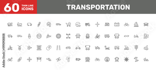 transportation icon set with fishing boat, steering, plane tickets signs in flat outline style