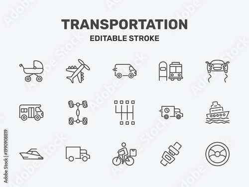 transportation icon set with free transport, scholar bus stop, stability signs in flat outline style