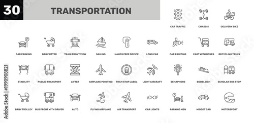 transportation icon set with delivery bike, train front view, air transport signs in flat outline style