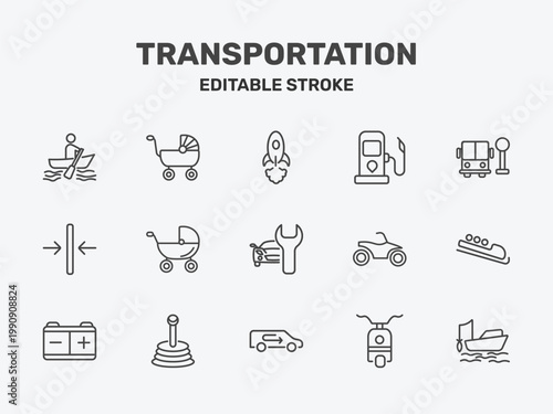transportation icon set with space rocket launch, petrol station, school bus stop signs in flat outline style