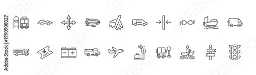 transportation icon set with formula 1, recirculation, boating signs in flat outline style