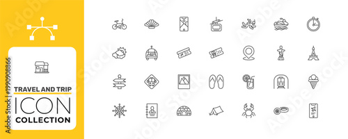 travel and trip icon set with cable car, bellhop, lemonade signs in flat outline style