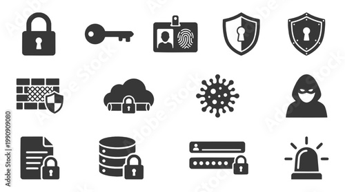 Cybersecurity and data protection solid icon set. Black flat vector symbols for network privacy, firewall defense, and modern IT infrastructure UI design.