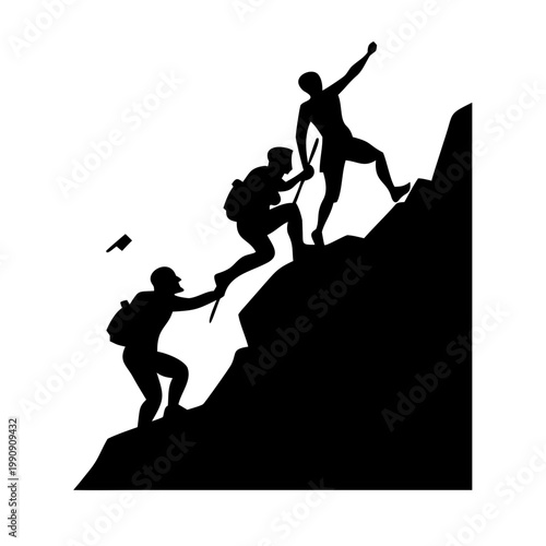 Silhouette of a team of hikers climbing a steep mountain