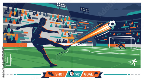 A dynamic flat design illustration captures a soccer player launching a powerful long-range shot, with the stadium crowd a blur in the background. 