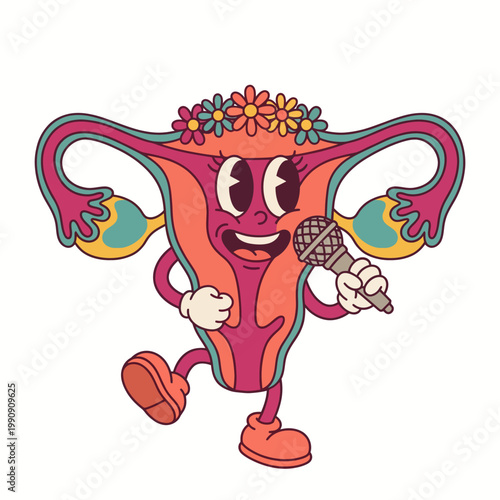 Obraz na plátne This fun and vibrant illustration shows a cartoon uterus character holding a microphone, promoting body positivity and celebrating women's health in a cheerful manner