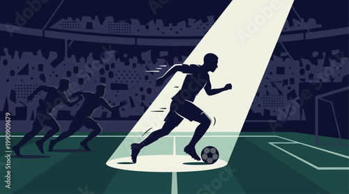 This flat design illustration highlights a soccer player on a solo dribble run, breaking free from the defense, with the stadium crowd intentionally blurred.