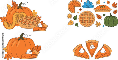 Pumpkin pie autumn set vector illustration collection fall harvest desserts with leaves and pumpkins isolated seasonal design pack