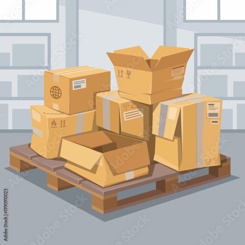 A clean and organized display of assorted cardboard boxes stacked on a pallet, representing shipping, packaging, and the logistics industry in a structured environment.
