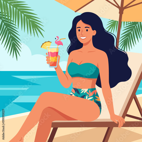 Relaxing Woman on Tropical Beach Illustration