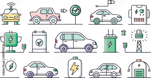 Electric Vehicle Charging Icon Set Minimal Line Vector EV Car Plug Power Symbol