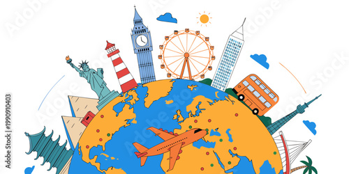 Travel globe illustration featuring famous landmarks buildings and commercial airplane landmarks airplane vacation adventure monuments sightseeing international destination transportation