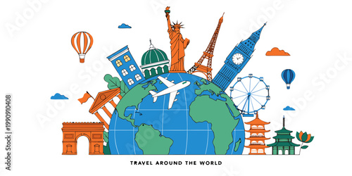 Travel around the world concept featuring globe with famous global landmarks and airplane illustration landmarks airplane vacation adventure aviation monuments sightseeing international