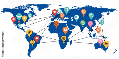 World map graphic with various colorful location pins connected by lines representing a global network worldmap connectivity locations business communication logistics international navigation