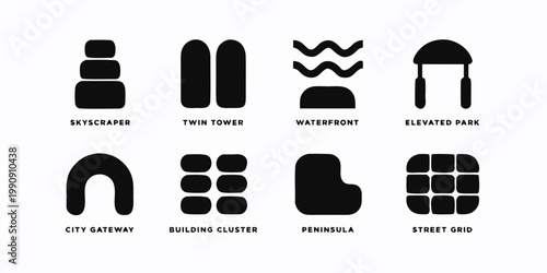Urban infrastructure and city architecture minimalist icon set with city icons urban design construction symbols town planning urban development city skyline urban grid building cluster