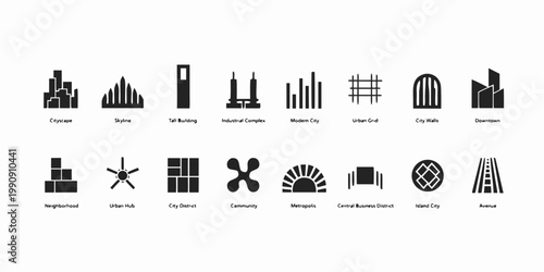 Cityscape and urban development minimalist icon set with city icons city architecture city planning urban design business district neighborhood icons modern city industrial complex urban hub