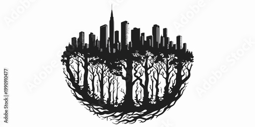Surreal graphic silhouette of a city skyline above a forest canopy with tree roots silhouette metropolis environment architecture development skyscrapers building isolated landscape business