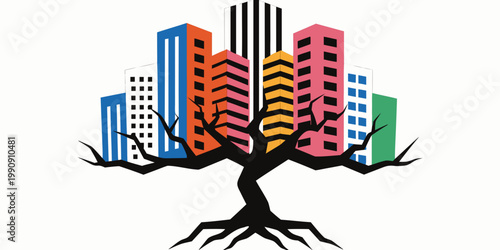 Stylized tree growing out of colorful city buildings conceptual graphic representing urban development buildings colorful illustration architecture development environment metaphor landscape