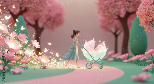 Young mother pushing stroller among blooming cherry blossom trees for Mother's Day