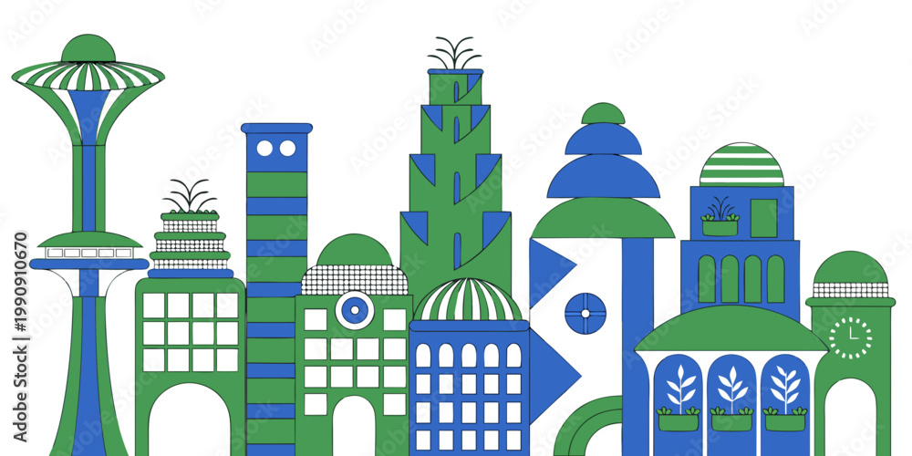Fototapeta premium Modern sustainable architectural cityscape with green roofs and sustainable building designs architecture buildings sustainability environment structure development illustration landscape