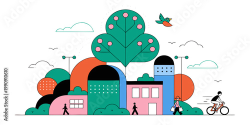 Modern urban life flat illustration featuring buildings trees and people commuting lifestyle buildings bicyclist architecture community illustration colorful minimalist environment landscape