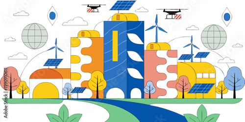 Sustainable green city concept with renewable energy solar panels and wind turbines sustainability environment renewable technology buildings infrastructure development efficiency landscape