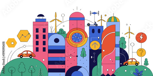 Smart city innovation flat vector illustration with electric vehicles and renewable energy technology innovation electric vehicles renewable buildings transport infrastructure connectivity