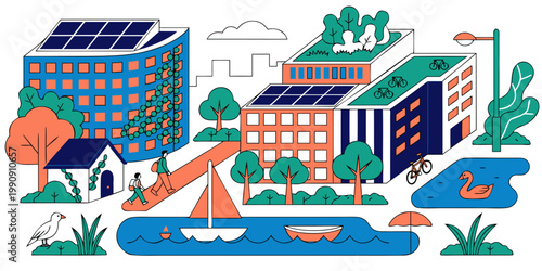 Sustainable eco city with green energy infrastructure and people walking in urban environment sustainable environment architecture buildings community lifestyle landscape illustration