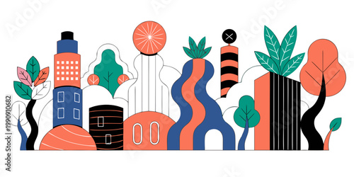 Εκτύπωση καμβά Abstract modern cityscape featuring geometric buildings and stylized trees in fl