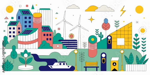 Sustainable eco friendly city illustration with renewable energy and nature environmentally friendly sustainability renewable environment landscape technology illustration sustainable