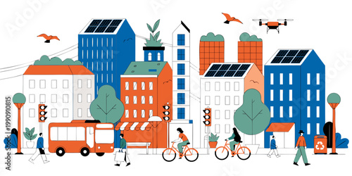 Eco friendly modern city with solar panels and green commuting sustainability environment architecture renewable buildings technology transportation innovation pedestrians urbanism planning
