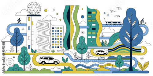 Modern urban cityscape illustration with transportation and green spaces transportation architecture buildings landscape infrastructure environment illustration metropolis cityscape urbanism