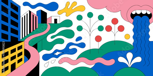 Surreal abstract city landscape with mouth and water flow abstract landscape conceptual creative buildings surrealism colorful illustration stylized metropolis environment background