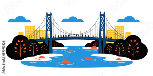 Modern suspension bridge over river vector illustration with city buildings and decorative trees suspension architecture landscape infrastructure transportation illustration buildings crossing